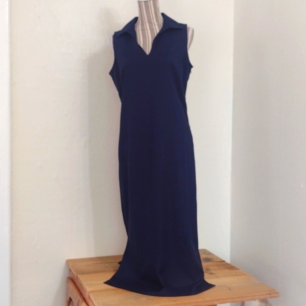 TravelSmith Navy Linen Blend Sleeveless Polo Midi Dress Size S